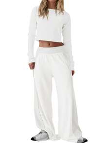 Fisoew Women Two Piece Set Off Shoulder Crop Top Wide Leg Pants Casual Lounge Wear Travel Outfit Long Sleeve Tracksuit - 白色 - 查看 1