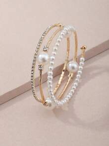 1pc Exquisite Pearl & Decor Bangle Bracelet, Fashionable Bracelet Jewelry Girls - 彩色 - 查看 3