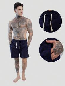 Men's Linen Shorts With Drawstring Comfortable Premium Quality Promotion - 藍色 - 查看 5