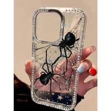 Elegante funda para teléfono IMD con diseño de araña negra y polvo brillante, orificio grande y borde transparente brillante, compatible con phone 16 Pro Max, 15, 14 Plus, 13 y 12. Regalos de Año Nuevo, Pascua y Halloween para amigos y familiares. - transparente - Ver 1