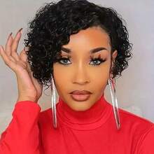 Chic Short Pixie Cut Curly Wave Wig For Women 13x4x1 T-Part Lace Front, Remy Human Hair, Natural Black, Versatile Hairstyle | Voluminous Short Wig | Stylish Wig Design For Daily Wear & Cosplay & Parties & Music Festival & Christmas Party Wig - Natural Black - 查看 5