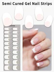 20pcs French Semi Cured Gel Nail Strips, Fall White Self-Adhesive Gel Nail Full Wraps, Requires UV Lamp,Easy Manicure, Salon Quality, Nail Stickers For Ladies Home DIY