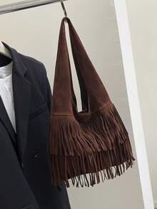 Tropiscape Túi đeo vai/túi dưới cánh tay cỡ trung bình, nhẹ, kiểu dáng vintage bằng da lộn với tua rua, màu đỏ tía, nâu, cà phê, thiết kế độc đáo năm 2024, phong cách thời trang Mỹ, phù hợp cho phụ nữ và bé gái, túi tote dung tích lớn, quà tặng phong cách Cottagecore, trang phục mùa hè. - Cà phê nâu - Xem 10