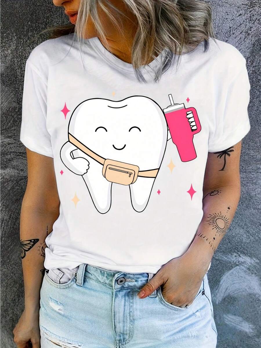 Fun Dental Print T-Shirt For Women - Casual Crew Neck, Soft Cotton , Machine Wash- Perfect For Summer - White - View 1