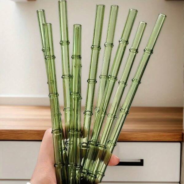 4pcs Bamboo Pattern Borosilicate Glass Straws With Cleaning Brush | Reusable, Dishwasher | Suitable For Bubble Tea, Coffee And Cocktails | Party And Holiday Gift