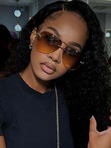 1 Pair Frameless Metal Aviator Fashion Glasses, Fashion Glasses For Women, Outdoor Travel Driving Vacation Beach Accessories, Concave Lens Glasses For Street Photography, Large Double-Bridge Aviator Fashion Glasses, Fashion Glasses For Men - 漸變茶 - 查看 2