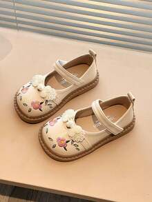 1 par de zapatos planos con bordado floral minimalista y punta redonda para niñas, casuales y cómodos, adecuados para primavera/otoño