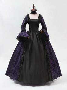 Victorian Palace Dress, European & American Medieval Palace Retro Dress, Lace Drawstring Arabian Long Dress For Birthday Party, Halloween Stage Performance Cosplay