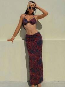 Women's Two Piece Maxi Skirt Sets Summer Beach Sexy Ruched Backless Pearls Chain Decor Crop Top And Cut Out Skirt - 紅色 - 查看 4