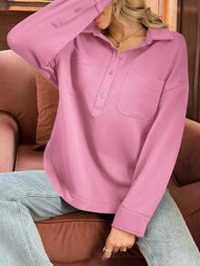 Fisoew Women Oversized Sweatshirt Long Sleeve Henley V Neck Pullover Top Fall Winter Cozy Loungewear Casual Streetwear Soft Y2K Vintage Blouse - 粉紅色 - 查看 4