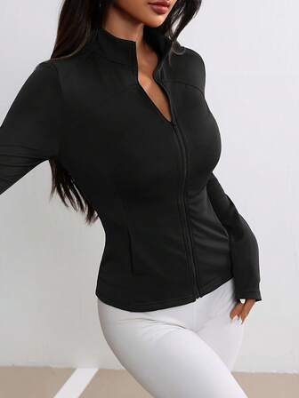 Chaqueta de yoga de manga larga con agujero para el pulgar, de unicolor y talla grande, con cremallera ajustada, para exteriores, ciclismo, con bolsillos, para correr y hacer ejercicio