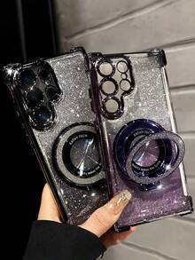 奢华电镀透明手机壳，带指环磁吸支架，镶钻闪亮Y2K风格，夏季新款时尚硅胶防震软壳，兼容 16/16e/15/14/13/12/11/X/XS/XR/8/7 Plus/Pro/Max/Mini，三星Galaxy S24/S25 Ultra，小米Redmi，华为荣耀，OPPO Reno，摩托罗拉，Infinix Women 2025，国际版，非国内版 - 黑色 - 查看 2