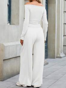 Fisoew Women Two Piece Set Off Shoulder Crop Top Wide Leg Pants Casual Lounge Wear Travel Outfit Long Sleeve Tracksuit - 白色 - 查看 4