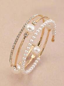 1pc Exquisite Pearl & Decor Bangle Bracelet, Fashionable Bracelet Jewelry Girls - 彩色 - 查看 1