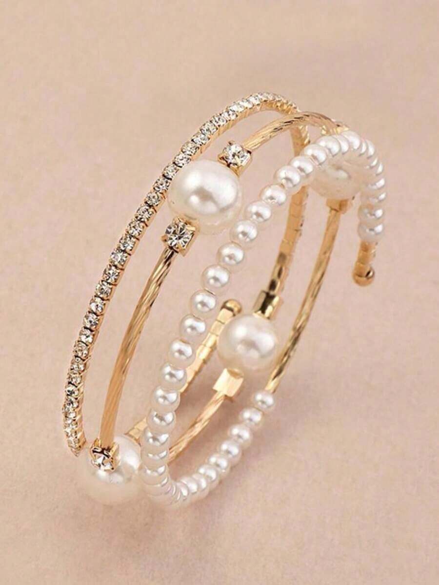 1pc Exquisite Pearl & Decor Bangle Bracelet, Fashionable Bracelet Jewelry Girls - 彩色 - 查看 1