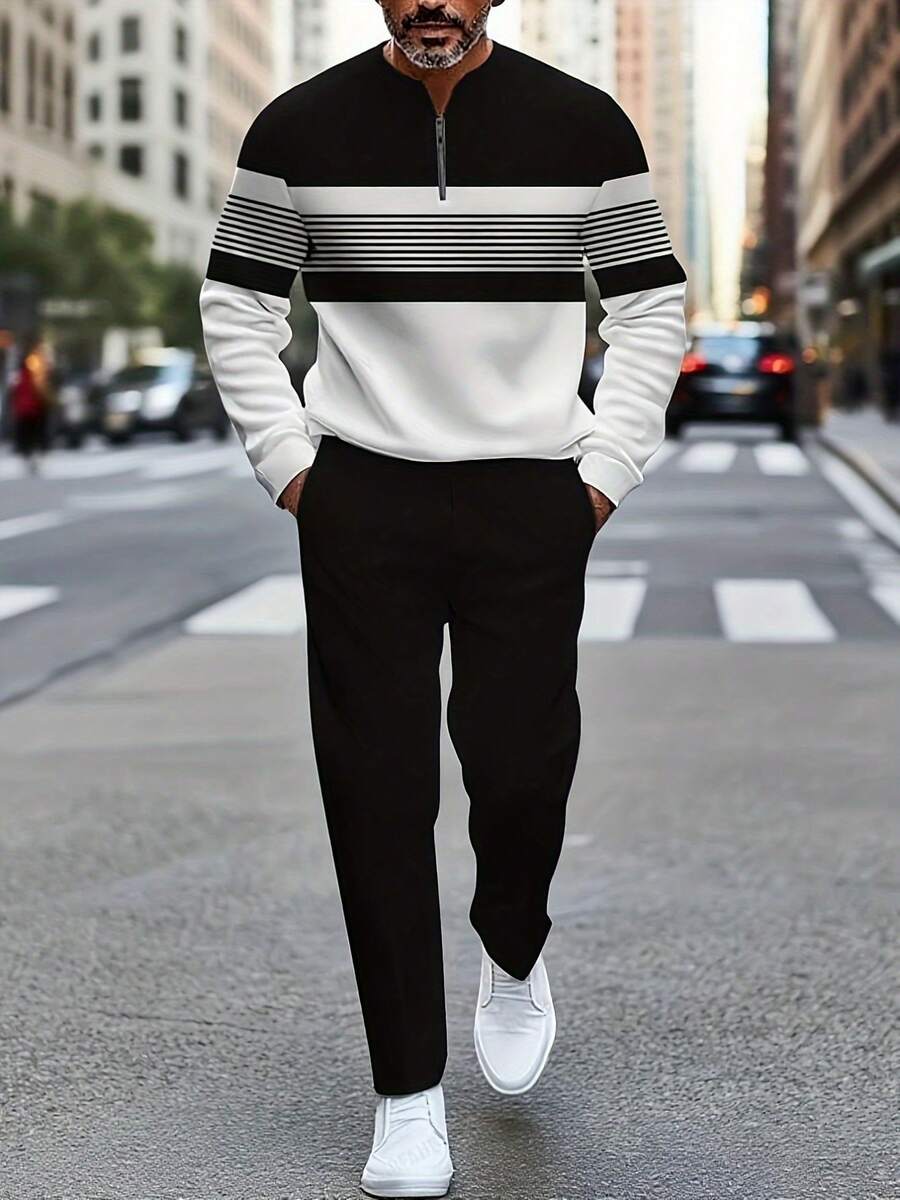 2026 Men's Spring And Autumn New Fashion Retro-Style Striped Geometric Art Pattern Print, Long-Sleeved POLO Shirt And Casual Pants Sportssuit, Suitable For Outdoor Daily Casual Suits - 混合色 - 查看 1