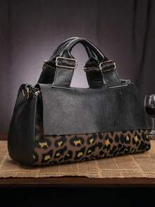Y2K Fashion Personalized Women's Handbag, Street Punk Leopard Print Shoulder Bag, Multi-Pocket Design, Detachable Strap - Black - View 6