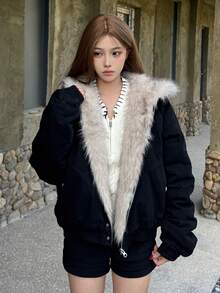 National Style Eagle Pattern Padded Coat, Warm And Thick Fur Collar Padded Coat