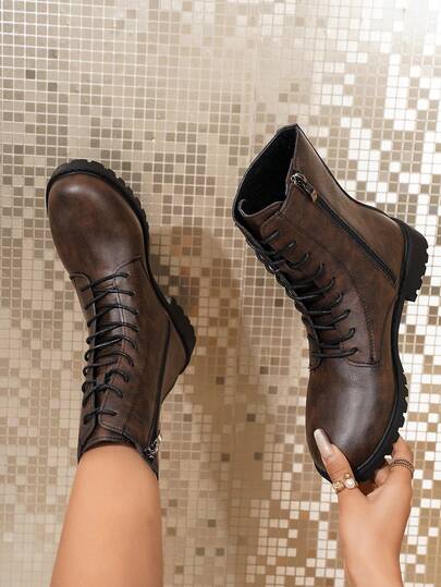 女士时尚百搭系带中筒靴、摩托车靴、踝靴、高帮防滑靴、休闲舒适侧拉链户外靴、骑行户外黑色靴、秋冬靴、户外靴、过膝靴