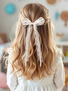 2pcs Ivory Lace Bow Hair Clips, Solid Color Bow Hair Clips With Tails, Elegant White Embroidered Mesh Hair Clips, Butterfly Hair Clips For Holiday, Wedding, Party, Suitable For Teenagers - White - View 5