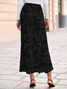 Women Elegant Floral Mesh Elastic High Waist Boho Mermaid Midi Skirt Spring Fall Autumn Holiday Party Club Wedding Guest Cocktail Valentine Outfits - 黑色 - 查看 2