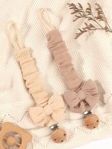 2pcs Baby Solid & Printed Pacifier Clips, Bowknot Pacifier Holder, Wooden 3-Hole Pacifier Clips, Suitable For Daily Use In Blue, Pink, Khaki