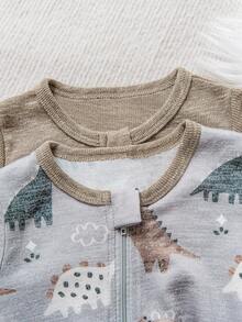 2件套男婴恐龙印花圆领连体衣，棕色和灰色