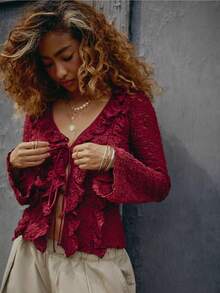 Women's Lace Open Front Tie Up Flared Long Sleeve Crop Top Blouse Shirt Aesthetic Streetwear - 酒紅色 - 查看 1