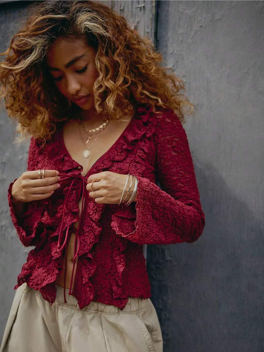 Women's Lace Open Front Tie Up Flared Long Sleeve Crop Top Blouse Shirt Aesthetic Streetwear - 酒紅色 - 查看 1