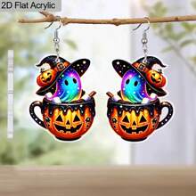2D Flat - 1 Pair Gothic Y2K Style Earrings - Halloween Pumpkin Cup With Colorful Ghost Design, 304 Stainless Steel Mount, Suitable Daily Wear Or Giving, Halloween Jewelry