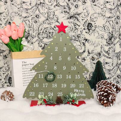 1pc Christmas Countdown Calendar, Christmas Wooden Arrival Calendar, Christmas Table Decoration, Green Christmas Tree, For Atmosphere Party Decoration Props, Christmas Tree Ornaments (11.61inch) Home Decor Christmas Decorations Room Decor Christmas Decorations Home Christmas Gifts Christmas Decor