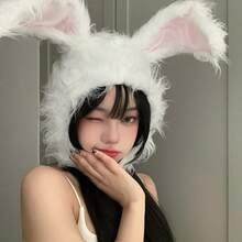Cute White Rabbit Hat With Long Ears, Halloween Cosplay Costume, Photo Prop, Rabbit Cosplay, Halloween Rabbit Feather, Polyester - White - View 3