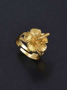 1pc Hibiscus Flower Rings For Women Girls Hawaiian Jamaica Madagascar Guam Island Jewelry - Gold - View 2