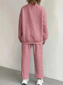 Relaxed Texture Pullover Pants, Long-Sleeved Round-Neck Sportswear And Jogging Pants Combination, Women's Clothing, High-Quality Textured Casual Pullover Set, Releasing A Sense Of Relaxation And Ease - 粉色 - 查看 2