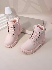 1 双粉色幼儿/儿童哑光柔软军靴，圆头，保暖厚底，前部系带，侧面拉链，经典短靴，适合男孩/女孩，休闲，学校，度假，派对，秋冬 - 粉色 - 查看 7