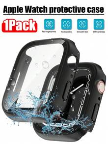 1 Paquete Caja de reloj integrada de PC negro + vidrio templado, cubierta protectora de moda casual a prueba de caídas, compatible con Apple Watch 38/40/41/42/44/45/49mm, compatible con Apple Watch Series Ultra/SE/10/9/8/7/6/5/4/3/2/1, Funda protectora para reloj, Accesorios para smartwatch