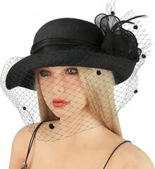 Elegant Church Fedora Hat Women Flower Fascinator Mesh Bucket Cap Party Wedding Bridal Derby Bowler Hat - màu đen - Xem 2