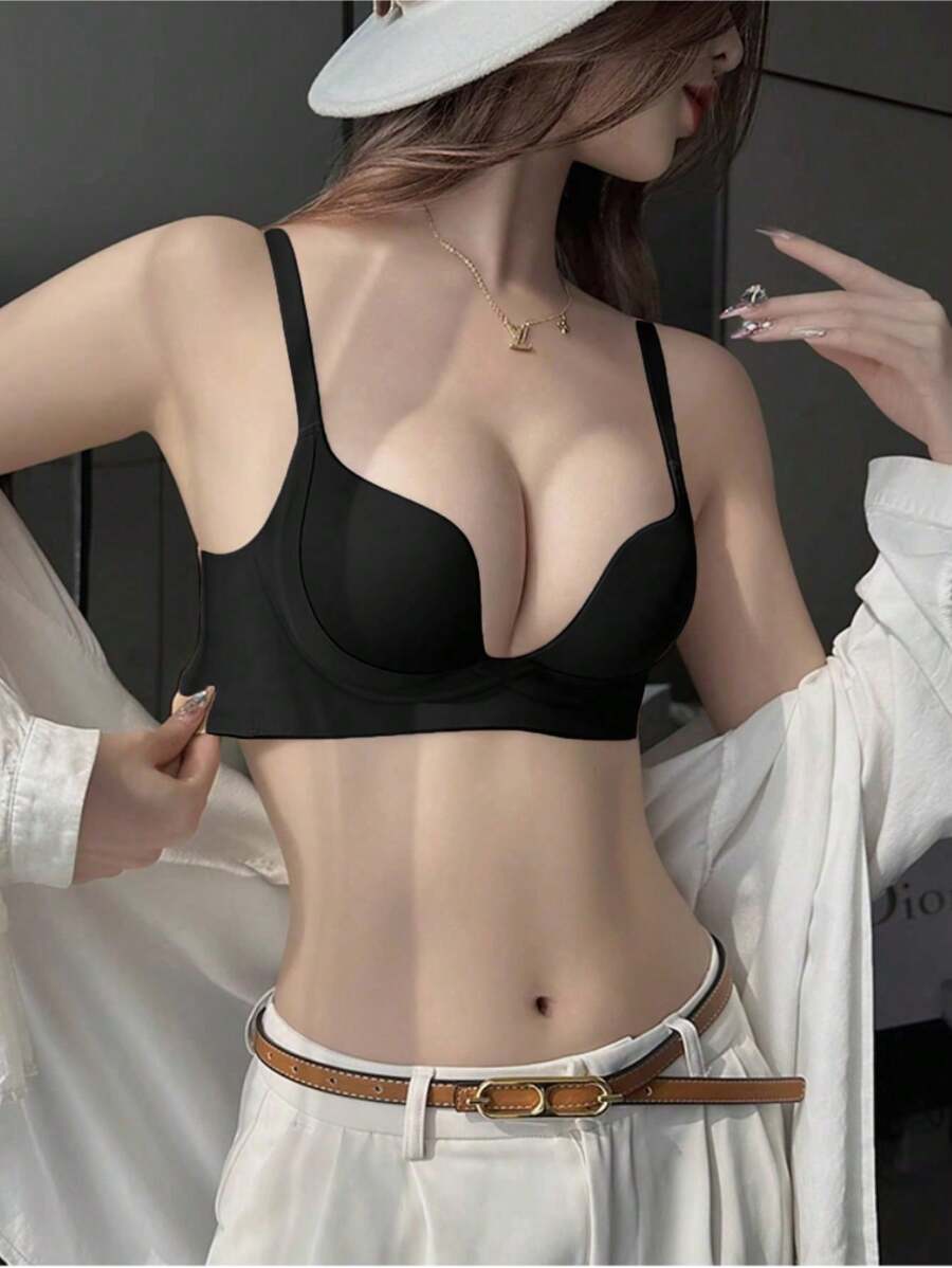黑色深 V 柔软舒适无钢圈文胸，适合小胸围，提升和增强乳沟，缩小文胸 - 黑色 - 查看 1