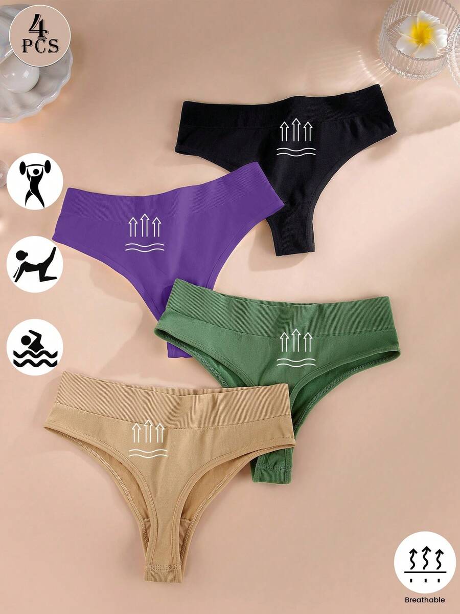 4pcs Women High Waist Seamless Thong Panties, Soft Invisible Daily Underwear - Multicolor - View 1