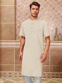 Mens Kurta Cotton Linen Henley Shirts Kaftan Short Sleeve Lounge Plain Gown Shirt-20256688 - 米色 - 查看 6