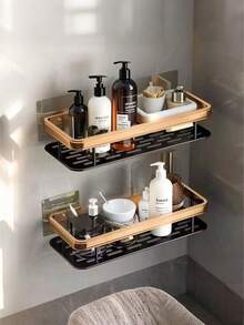 1个/2个壁挂式淋浴架，大容量，铝合金材质，无需钻孔即可安装，粘贴式浴室淋浴架，浴室和厨房悬浮架，节省空间，易于安装，可存放洗漱用品、化妆品和杂物，光滑表面，适用于卫生间、浴室、梳妆台、淋浴房、储物架、收纳整理等浴室用品。 - 多色2 - 查看 5