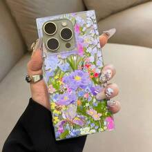 Funda para celular fabricada en TPU con un diseño de flor morada y cubos grandes, compatible con phone 12 a 16 Pro y Plus. Ofrece un acabado brillante y resistencia a caídas, perfecta para fiestas o cumpleaños. - transparente - Ver 3