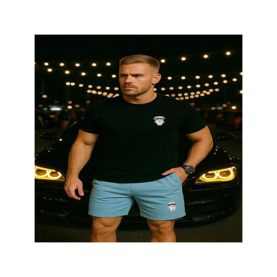 Conjunto Masculino Oposto Modas Camiseta Preta + Shorts Casual Estiloso - Azul bebê - Visão 1