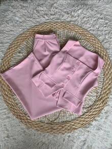 Formal Set Pantaloons Pants High Waist Pockets Tailoring Vest Buttons Simple Elegant Casual Pocket Zipper - Màu Hồng baby - Xem 3