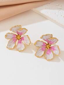 2 件时尚简约金属花朵耳钉，优雅百搭耳环，适合女性度假佩戴 - 白粉紅色 - 查看 4