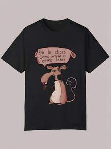 Summer men's pure - cotton T - shirt top, an interesting printed top, unisex in style, works as couple outfits. - Negro - Ver 2