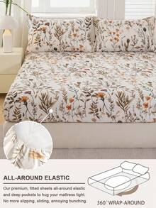 1 pieza Sábana ajustada con patrón floral de rama y hoja de árbol, protector de colchón suave y transpirable, adecuado para todos los tamaños de cama - Multicolor - Ver 5