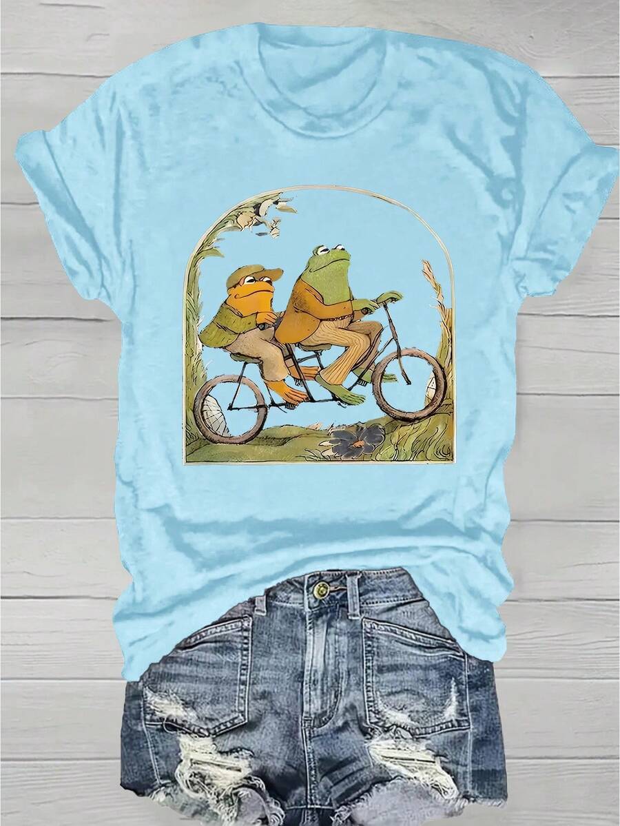 Vibrant Cartoon Frog Print Crew Neck T-Shirt - Soft Micro Elasticity Polyester Fabric, Regular Length, Casual Short Sleeve Top For Spring & Summer, Womens Fashion Clothing With Positioning Printing - màu xanh nhạt - Xem 1