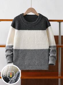 男童学院风条纹针织套头衫，长袖，适合上学、日常穿着、春秋冬