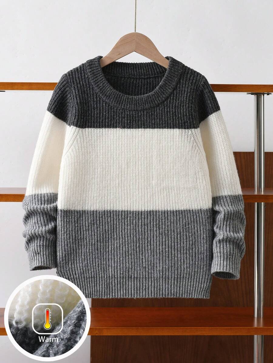 男童学院风条纹针织套头衫，长袖，适合上学、日常穿着、春秋冬